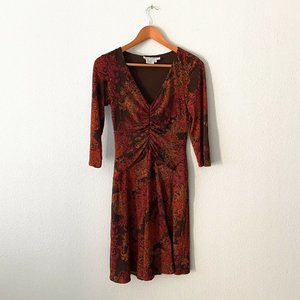 Maggy London Size 8 Burnt Orange Paisley Stretchy Dress Cinched 3/4 Sleeve Midi